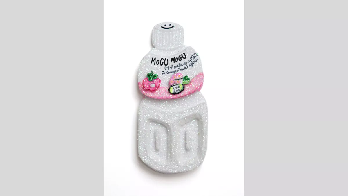Glitter and markers on Paper presentation board artwork of a Mogu Mogu flavoured drink