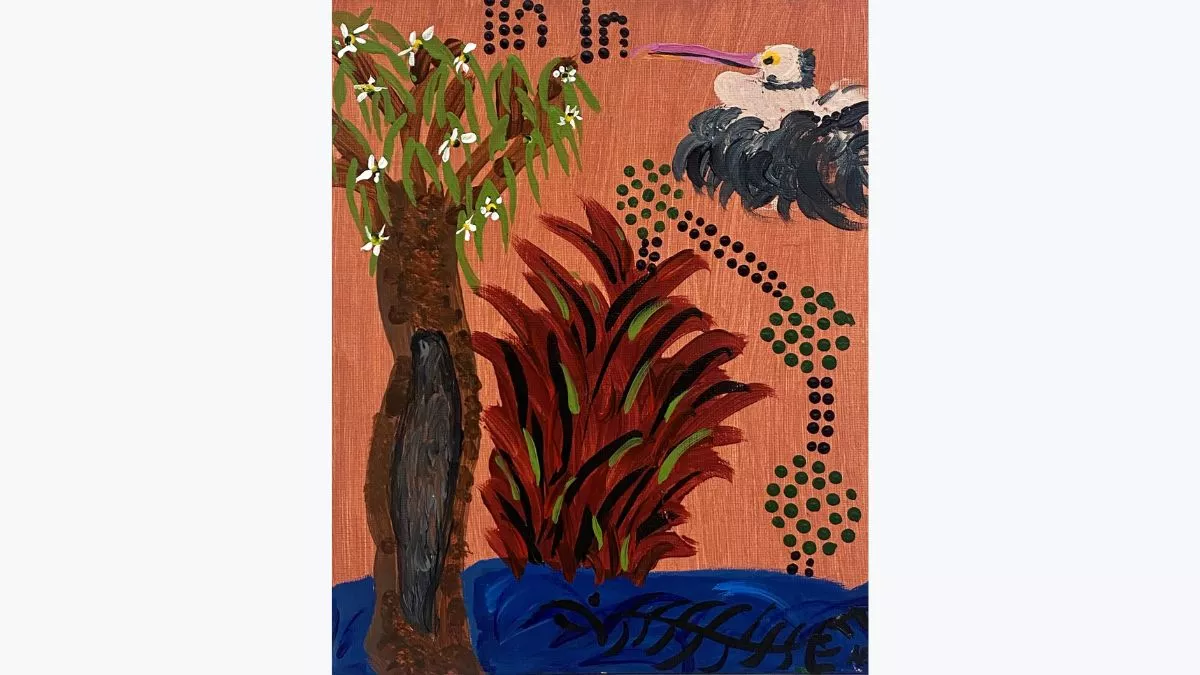 image of painting featuring a flowering tree, large bush and pelican beside a river