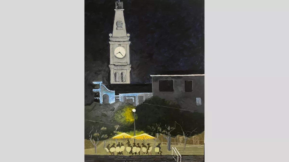 Painting of an old building at nighttime.  the clocktower is illuminated.