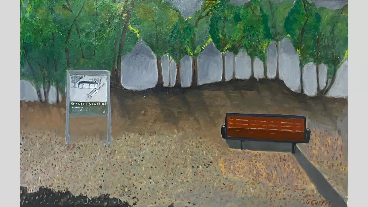 Half of this painting is crushed rock on the ground. The is a park bench with no one sitting on it, a sign and some trees in the background.