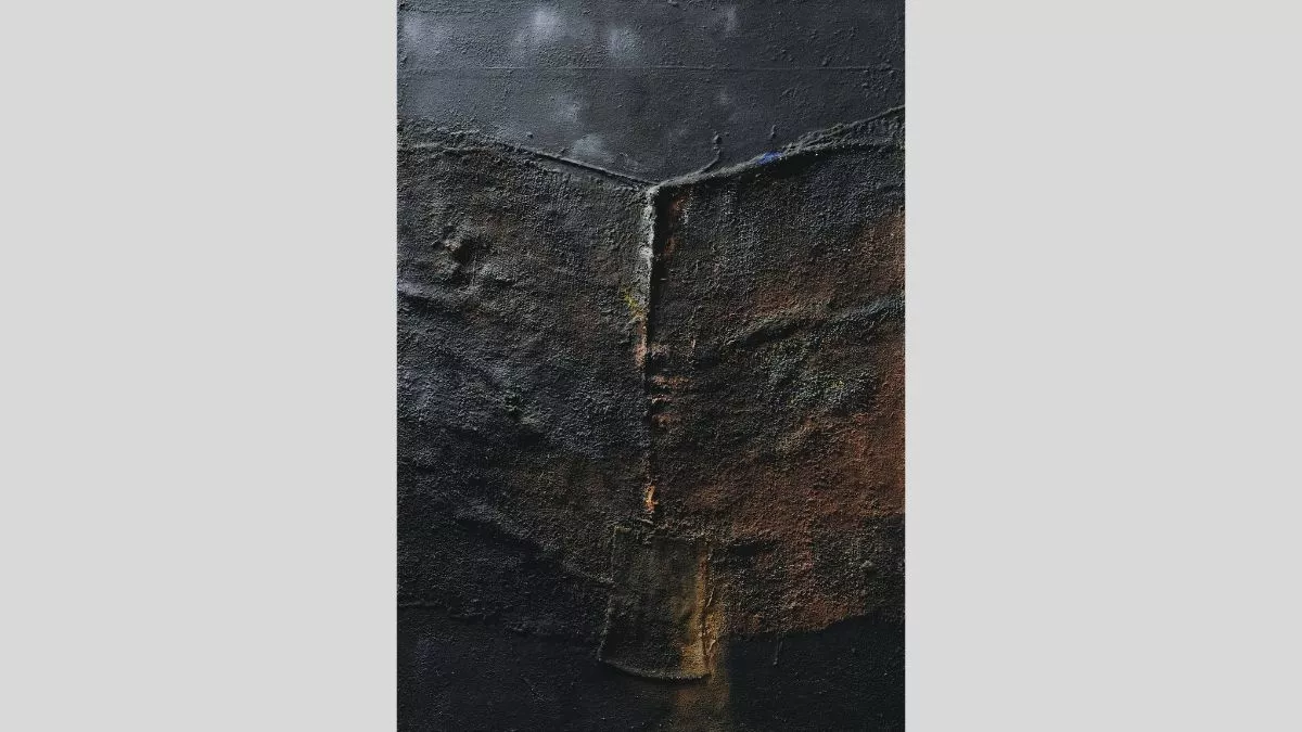 Moody dark grey textured painting with raised line down the centre