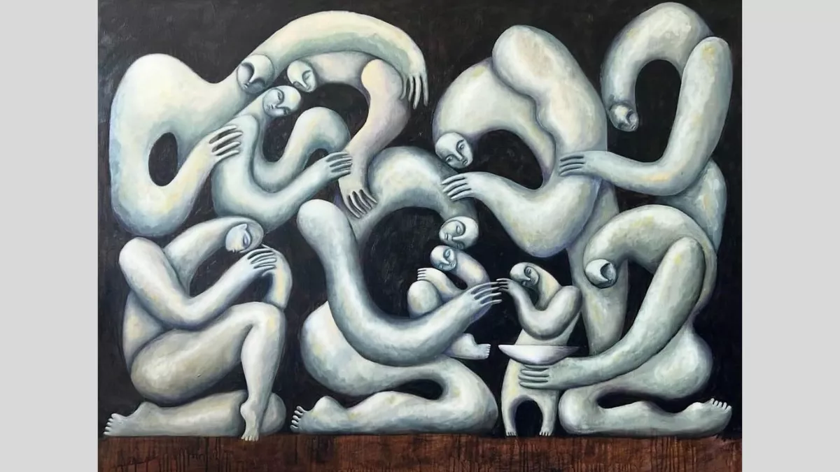Abstract painting of multiple figures swirling and embracing each other