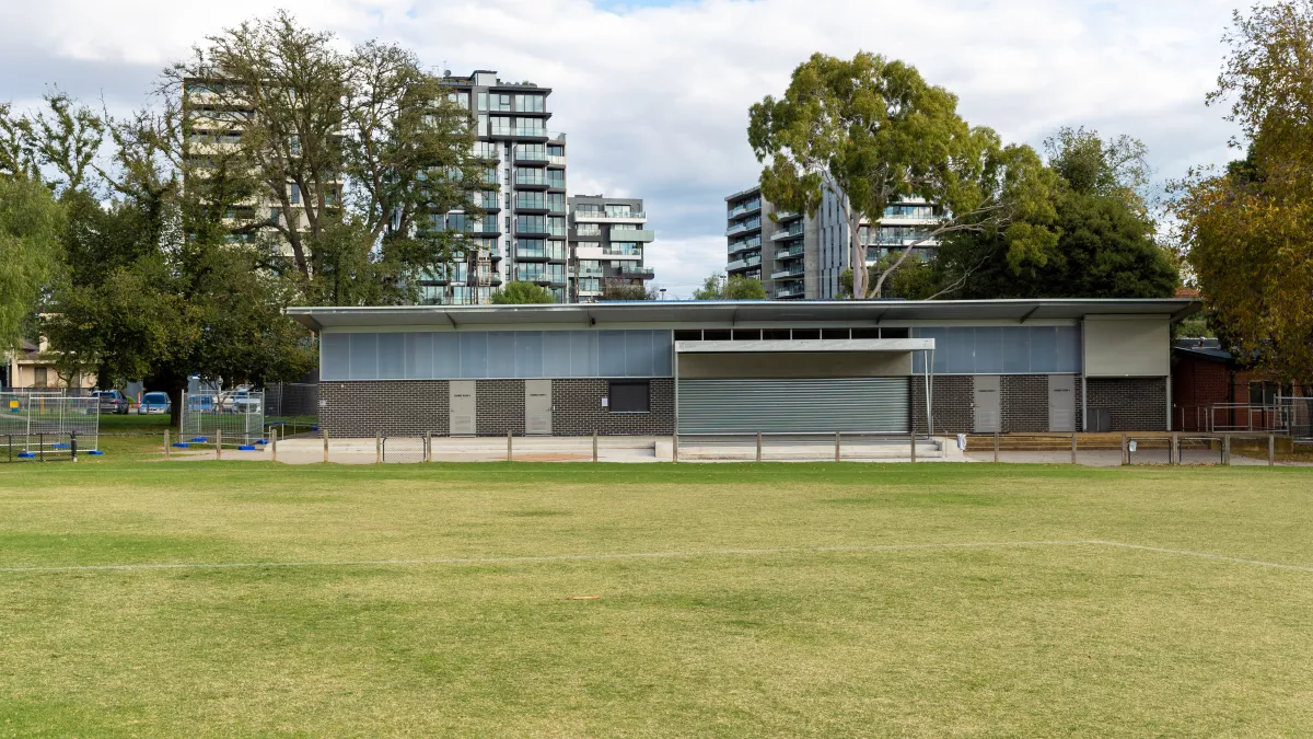 A hall with garage doors at a sportsground