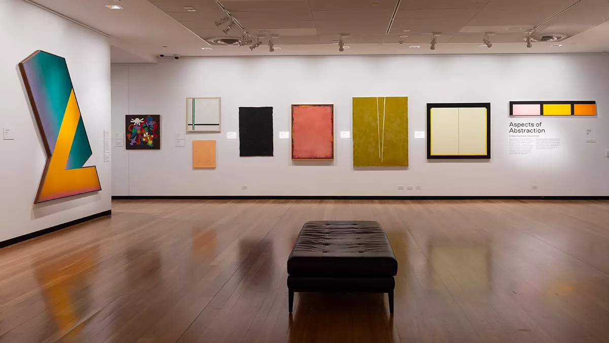 Installation view of abstract paintings hanging in a gallery