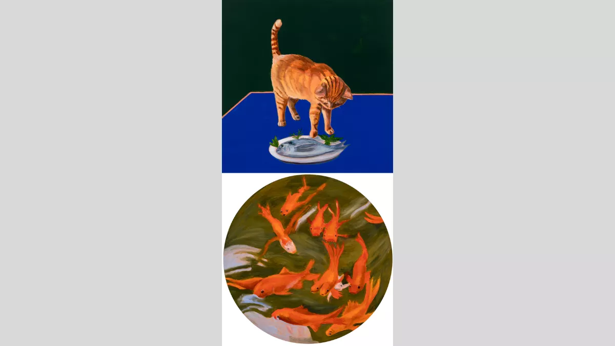 Diptych painting of an orange cat pawing at a fish on a plate. Below is a circular painting of goldfish or carp swimming in a pond.