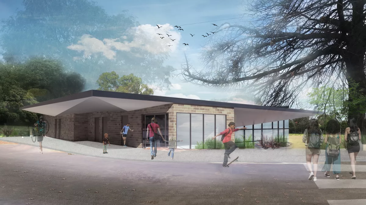 Rendered view of the proposed pavilion from the car park on Wyclif Drive