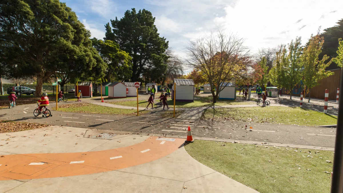 roads, buildings and pedestrian crossings at Kew Traffic school