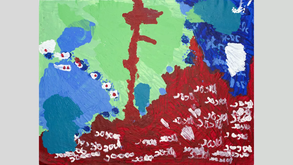 Abstract painting using red, green, blue and white paint. Scribbles in white paint cover the bottom right hand side.