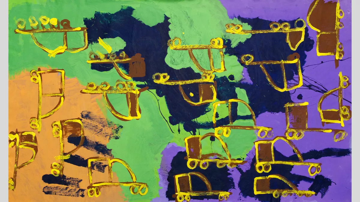 Painting of many yellow concrete mixers over a peach, green, purple and dark blue background