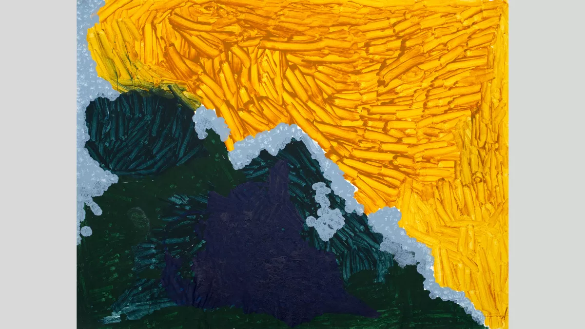 Abstract painting of yellow paint in the top right corner and dark green and blue in the bottom left, with winding light blue paint in the middle representing a river