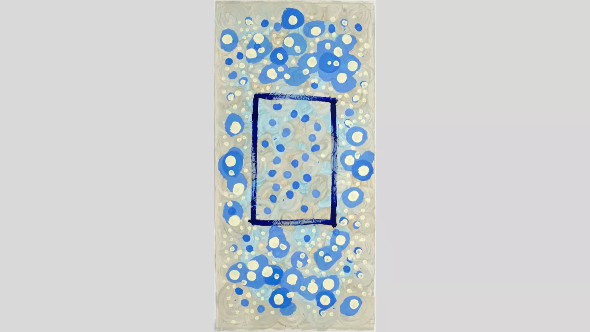 Abstract painting of a dark blue rectangle on top of lighter blue and white dots on a beige background
