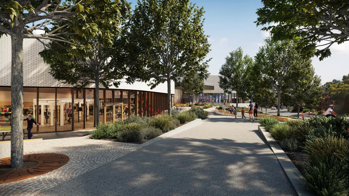 Artist render of a cement walkway flanked by trees