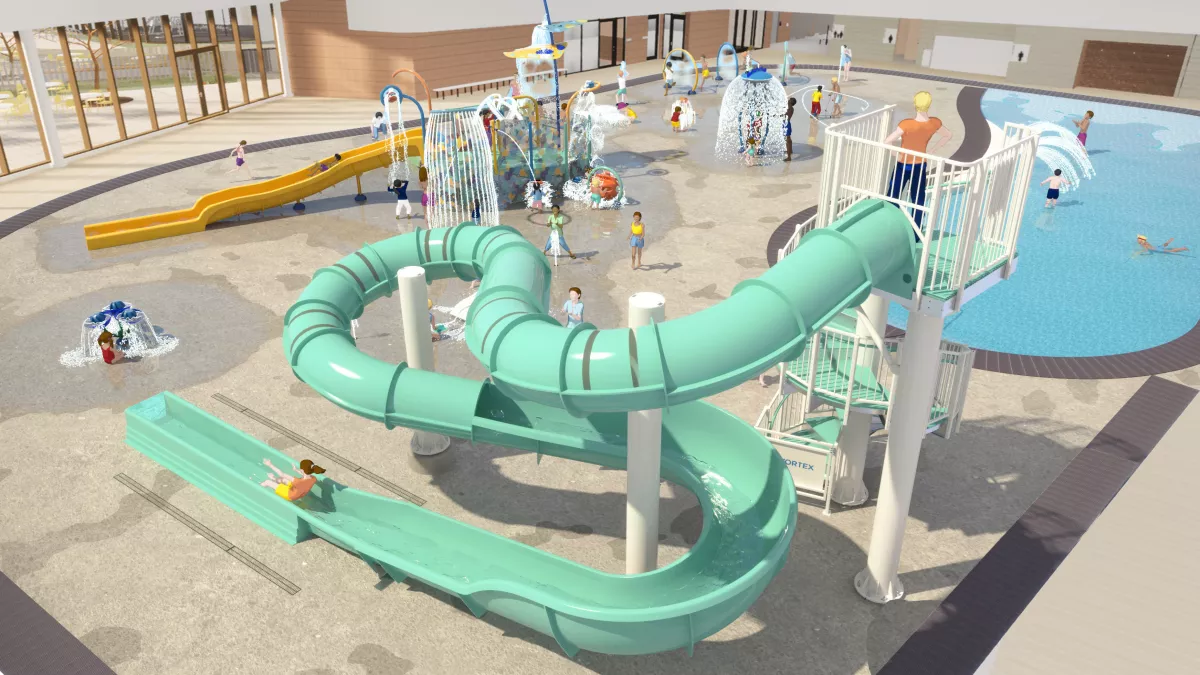 Artist render of a large, tubular, enclosed water slide
