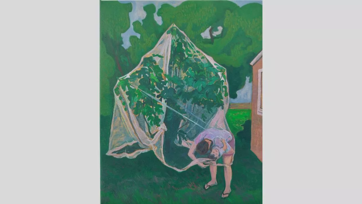A painting of a person crouching beneath a large fruit tree covered in netting, seemingly tending to the plants. The background features a house with a red roof and trees.