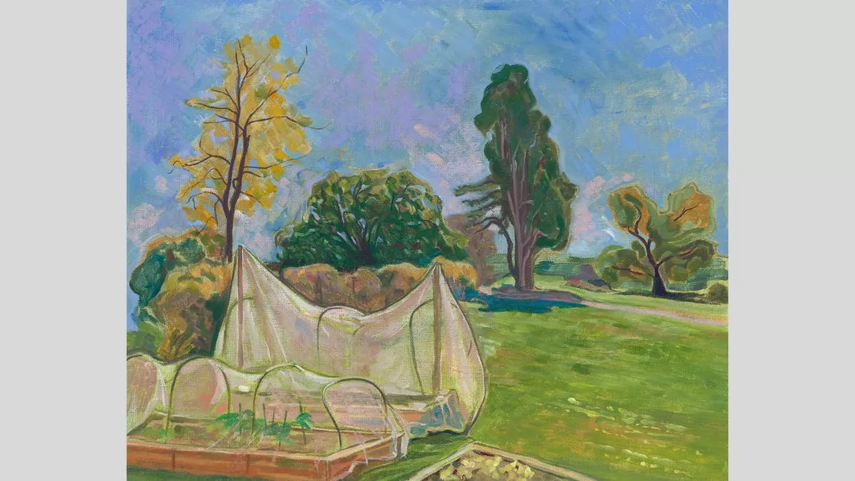 A landscape painting of a lush outdoor garden covered in white netting. The background features a blue sky, trees in various stages of growth, and vibrant green grass, painted in a dynamic, expressive style.