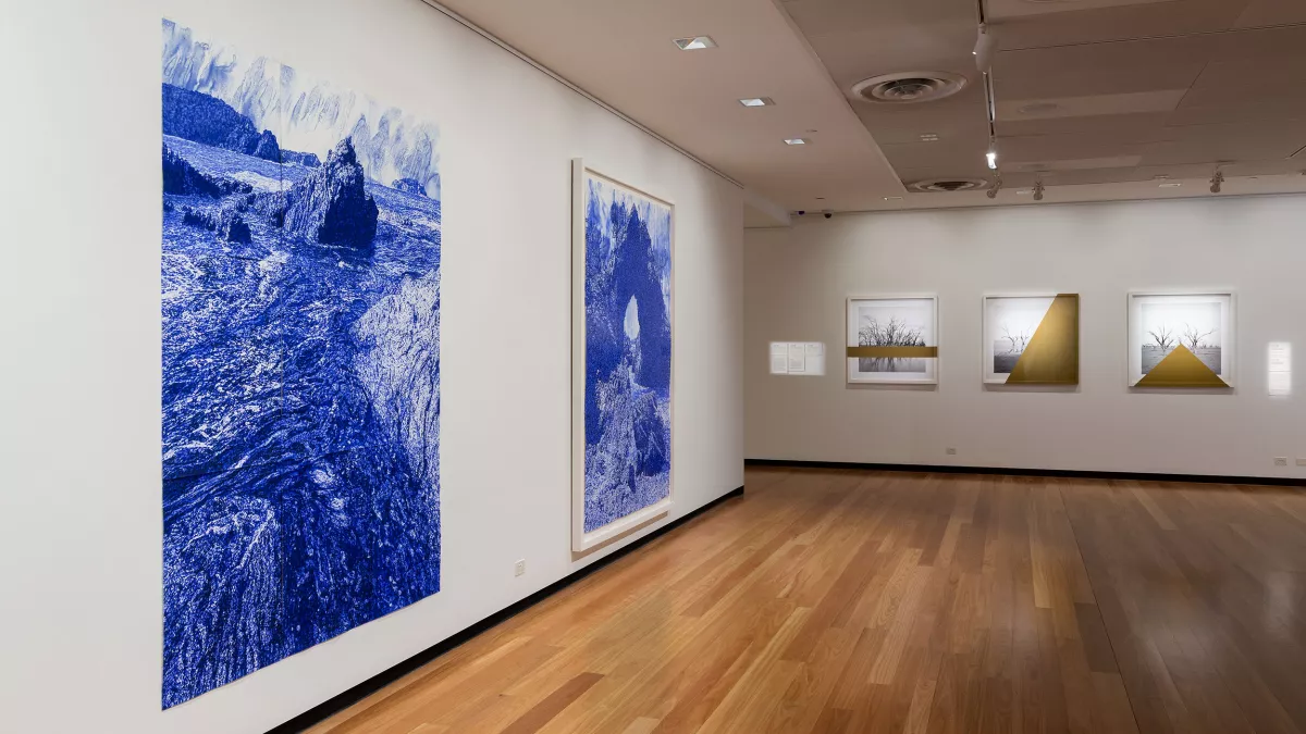 A close-up view of two striking blue and white landscape artworks in a gallery, with conceptual photography framed on the adjacent wall.