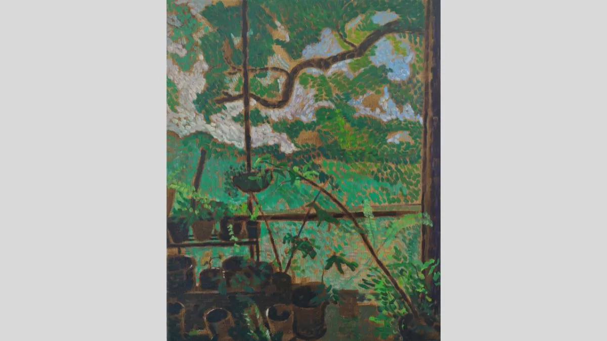 A painting depicting an indoor greenhouse or sunroom filled with potted plants. Sunlight filters through a large window, showing an expansive view of trees and sky outside. 