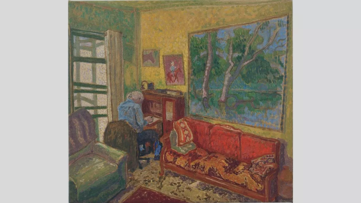 An impressionistic painting of an elderly person playing the piano in a warmly lit living room. The scene features a red couch with patterned cushions, framed artwork on the yellow-toned walls, and a large window revealing a lush green landscape outside.