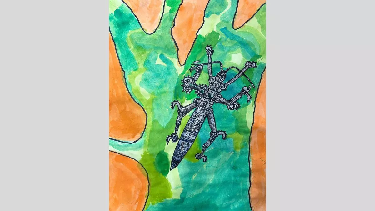An ink and watercolor painting of an intricately detailed mechanical insect resting on a stylized hand-like leaf. The insect is drawn made up of drawn mechanical elements, with bold greens and oranges in the background.