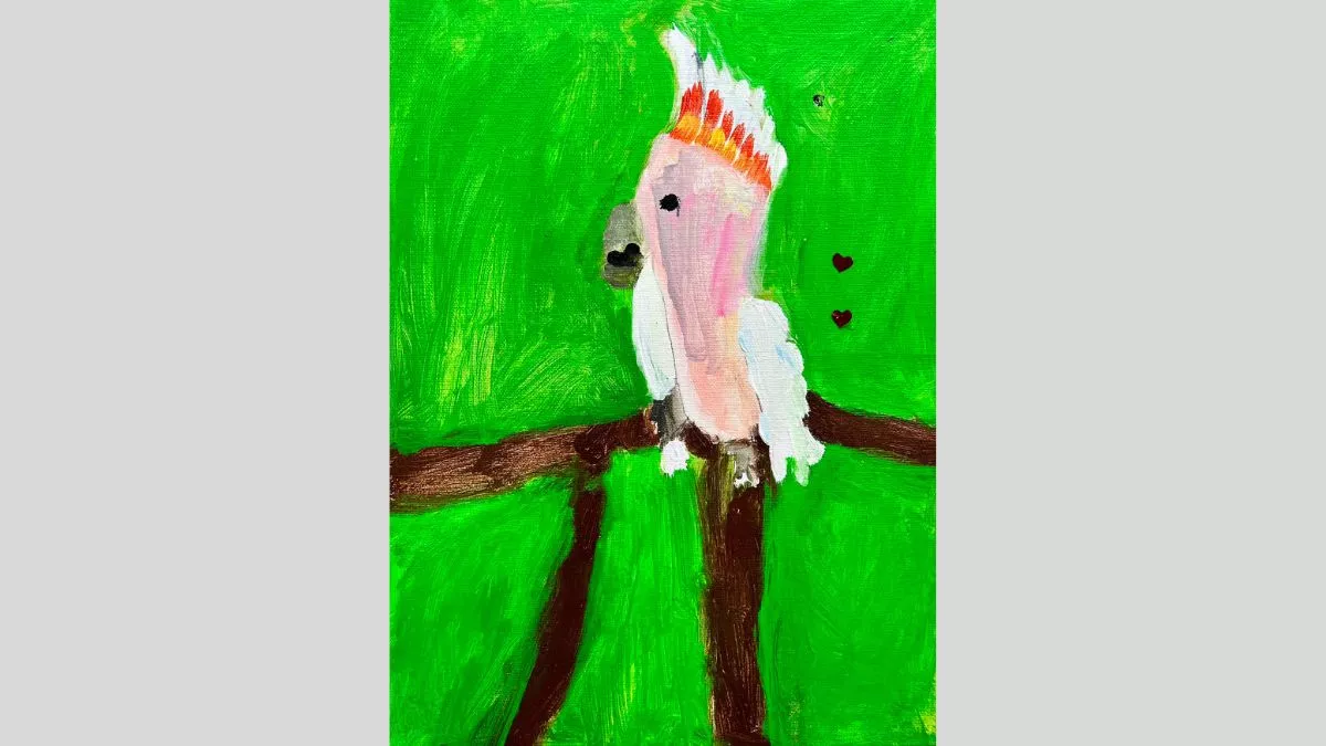 A vibrant acrylic painting of a cockatoo with a bright pink crest, perched on a brown tree branch against a bold green background. Two small red heart shapes float nearby.
