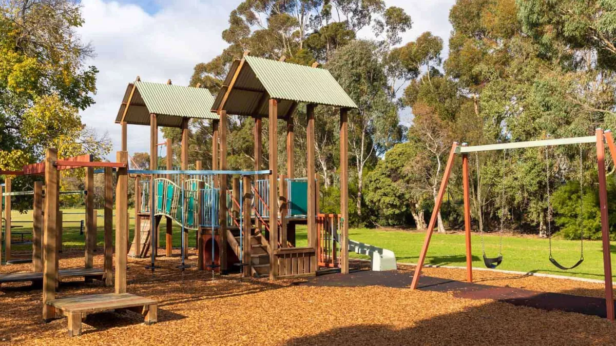 A playground in a park featuring swings, and monkey bars