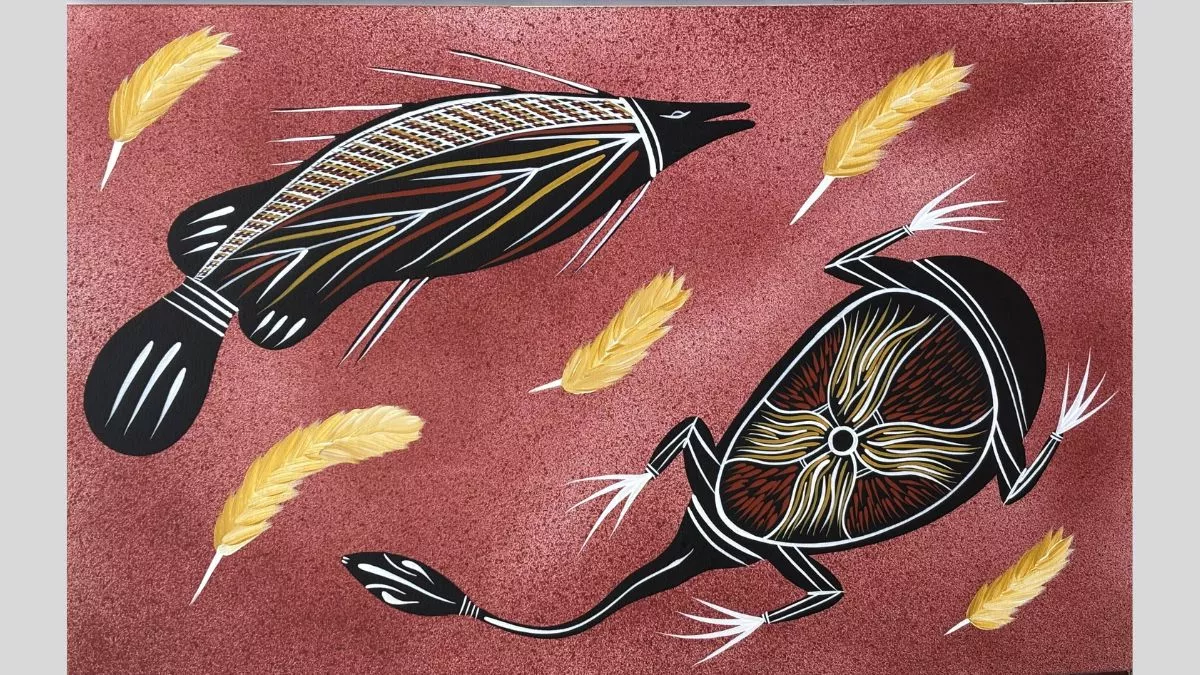 A painting of a black fish and black turtle silhouettes with intricate red and yellow patterns painted on their bodies. The animals are positioned against a red speckled background with five yellow feather-like shapes are scattered around them. 