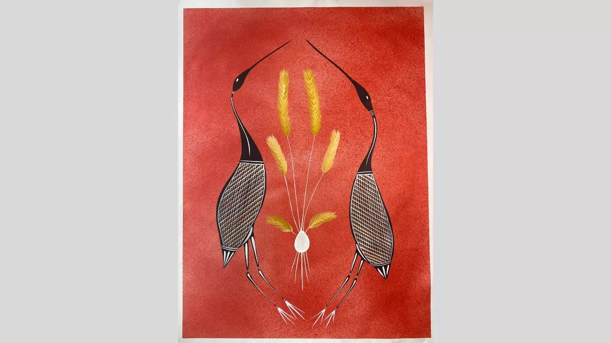 A painting of two black birds with long necks and legs stand facing each other on a red background. Their bodies are patterned with white cross-hatching. Between them is a cluster of yellow feather-like shapes and a small white shape resembling a bulb or seed. 