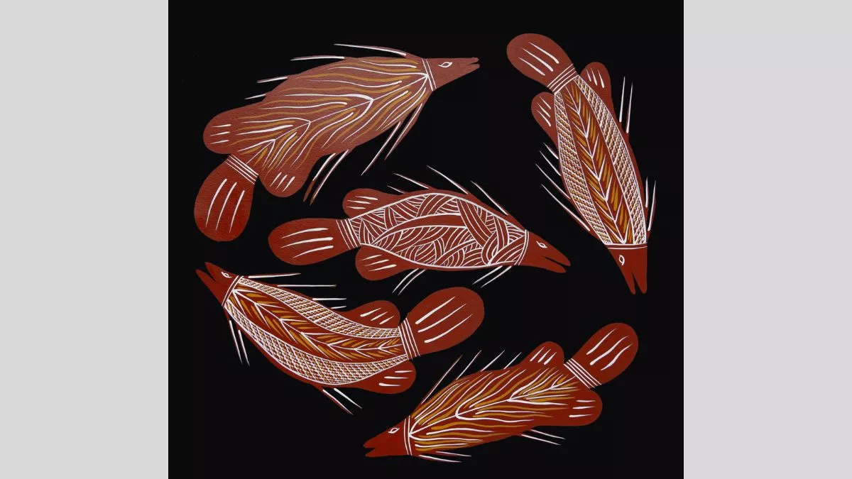 A painting of five barramundi in red tones, arranged in a loose circle on a black background. Each fish is decorated with different linear and cross-hatch patterns in white and yellow. 