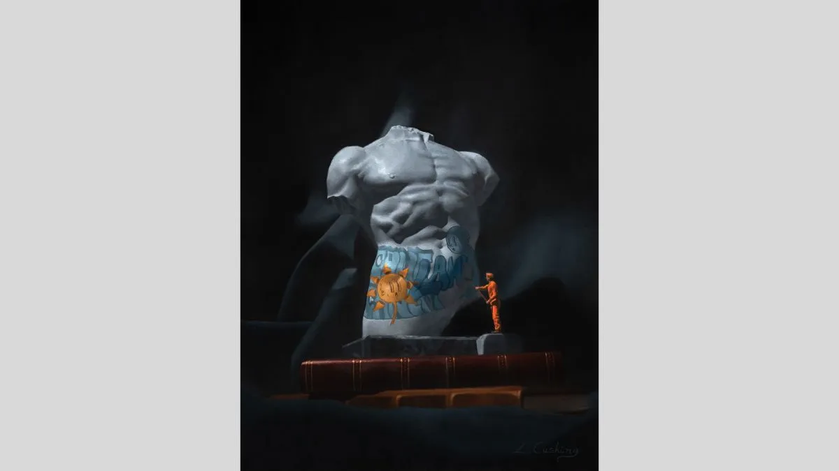 A painting of classical marble torso sculpture with a rough, broken edge is adorned with modern graffiti-style artwork, featuring a cartoonish sun and blue lettering appearing like shorts on the sculpture. A tiny figure in an orange jumpsuit, resembling a worker or restorer, stands on a pedestal, appearing to paint or clean the graffiti. The scene is set against a dark background, with the statue sitting on two large, leather-bound books in the foreground.