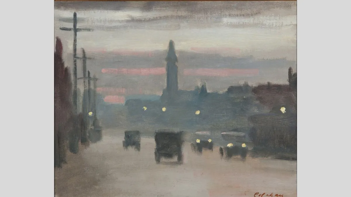 A painting of a busy urban road at dusk with streetlamps, classic cars, and buildings in the background. 