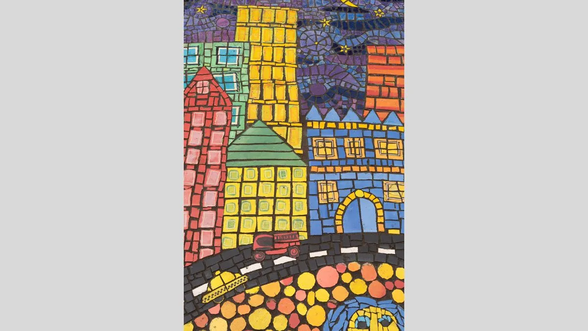A colourful mosaic featuring tall buildings and a car and a truck on the road
