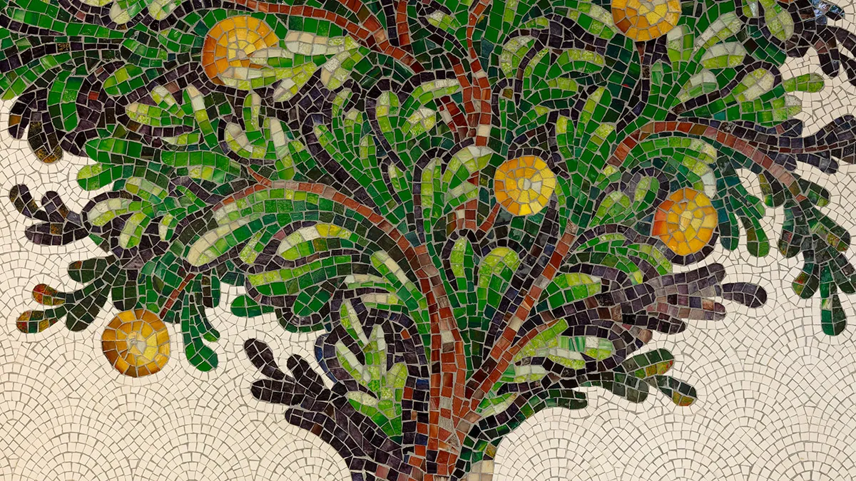 A close up photograph of a mosaic of a tree
