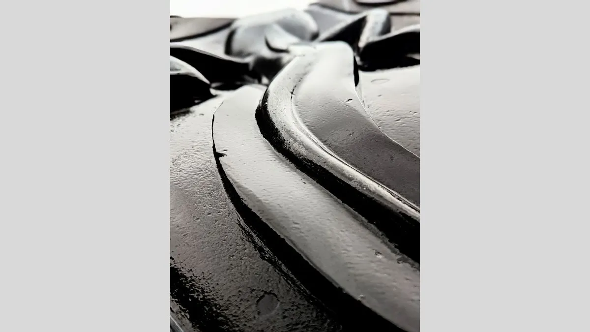 An extreme close-up of a dark, glossy surface with curved, raised patterns. The surface appears smooth and reflective, with highlights that suggest a wet or coated texture.