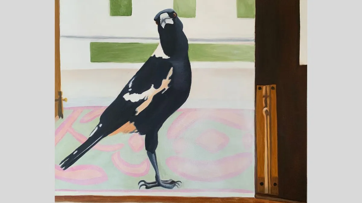 A painting of a black and white magpie standing indoors on a patterned rug. The background features a white wall with green square shapes and a wooden doorframe. The bird gazes directly at the viewer.