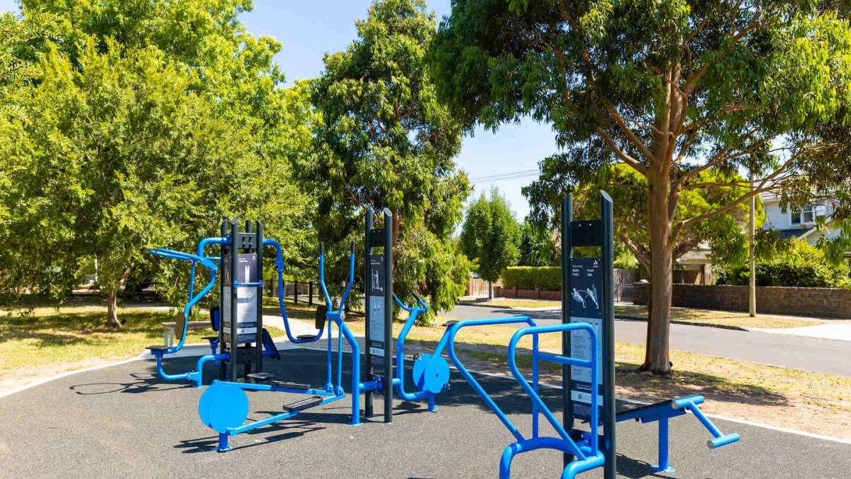 Outdoor exercise equipment surrounded by trees