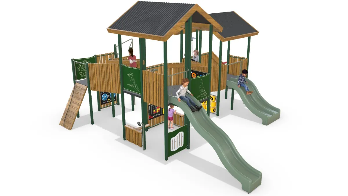 Artist impression of a play unit with slides, platforms, ladders