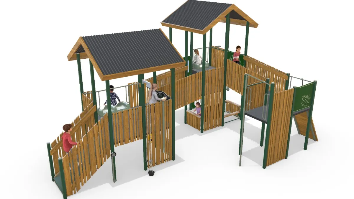 Artist impression of a play unit with slides, platforms, ladders