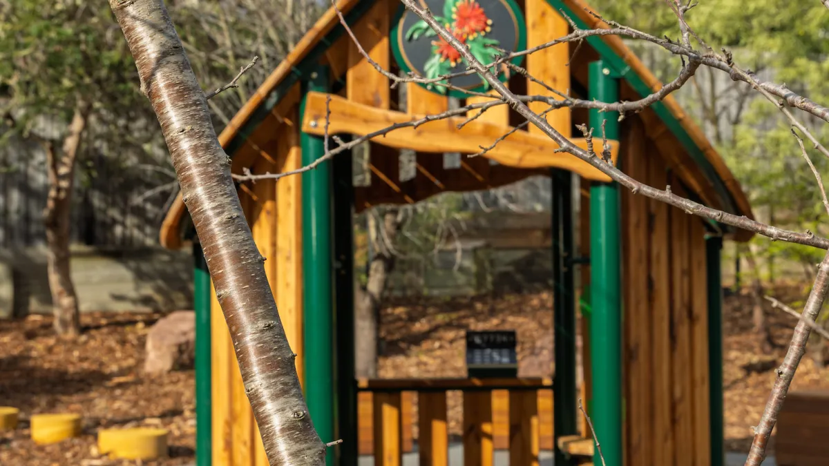 A wooden cubby house in a playground