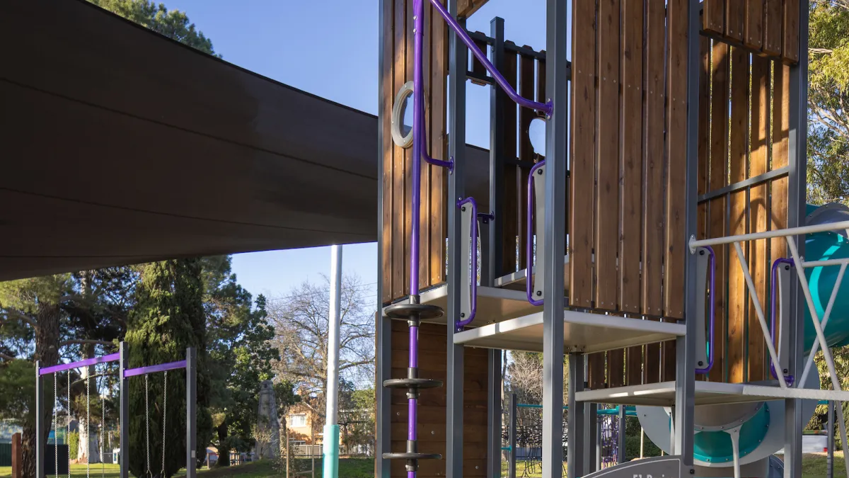 Timber climbing structure with a pole and ladder in a playground