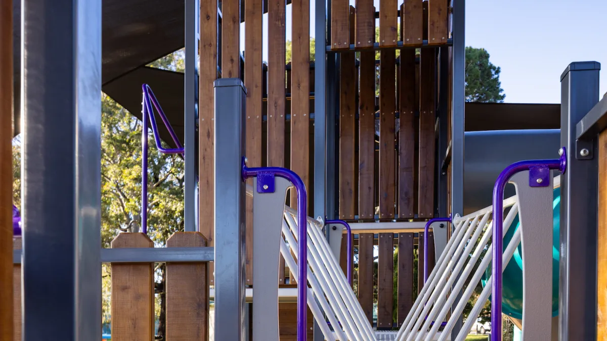 A timber-framed climbing and activity unit with balancing bar