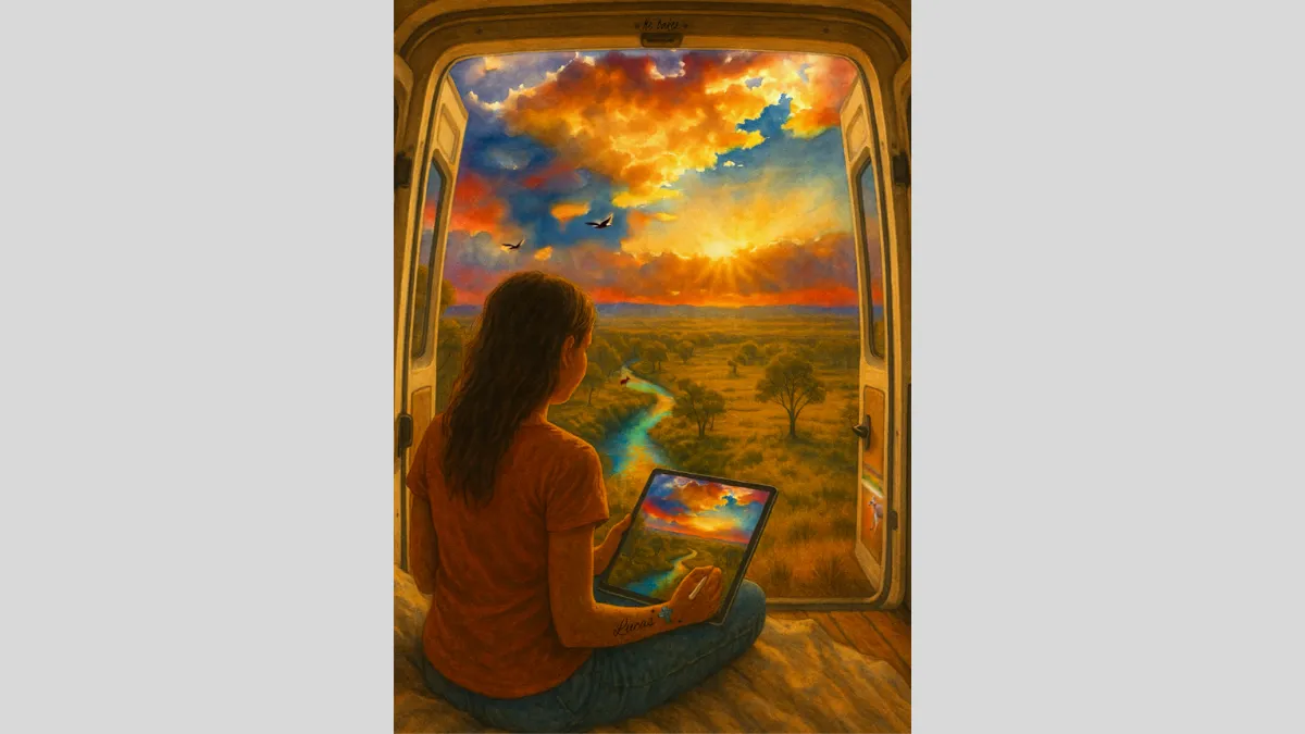 A digital painting of a person with long brown hair, seen from behind, sits in the open doorway of a van, holding a tablet that displays the same vivid sunset landscape visible outside. The scene includes orange and blue clouds, a winding river, trees, and birds flying.