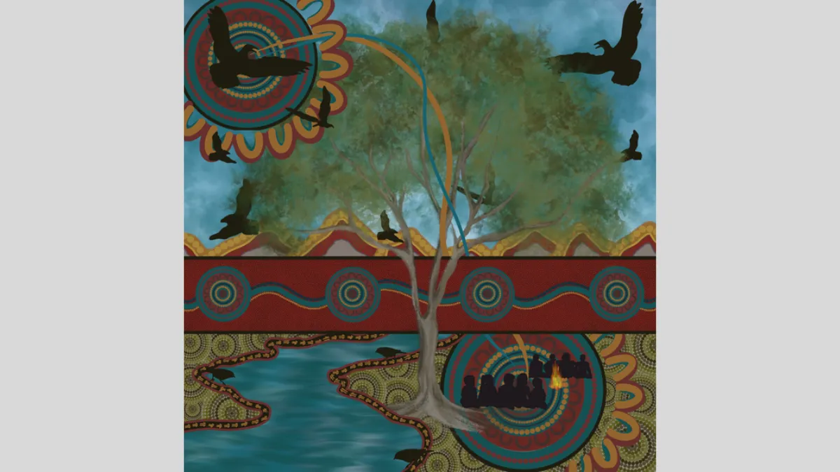 A digital painting of a large central tree with black silhouetted birds flying against a cloudy blue sky. The scene is bordered by intricate, dotted patterns, a winding river, and a group of silhouetted figures around a fire in a circle.