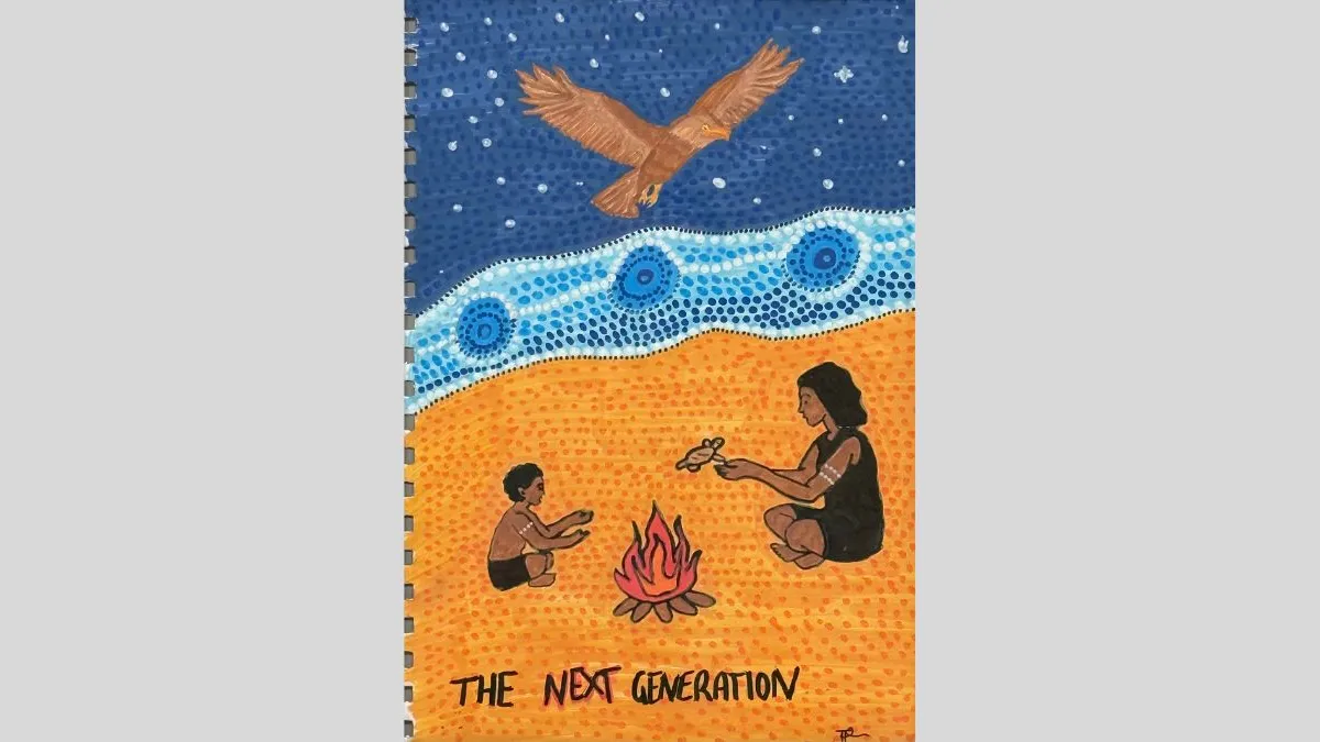 A dot-painted scene with a blue starry sky, white and blue patterned wave band, and a sandy orange foreground. A woman and child sit near a small campfire, with a large bird flying overhead. The words “THE NEXT GENERATION” are written at the bottom.