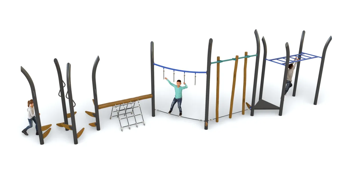 A 3d illustration of an agility trail with various climbing and hanging obstacles. 