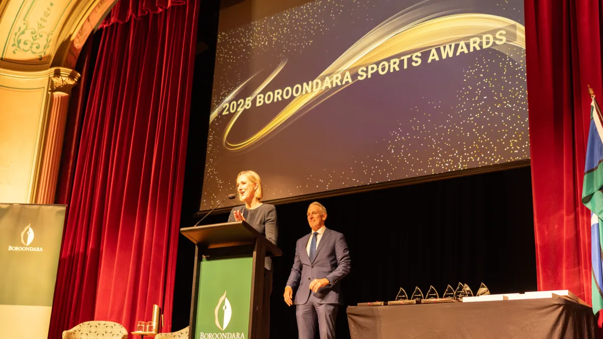 Boroondara Lord Mayor Sophie Torney speaks at a lectern for Boroondara Sports Awards