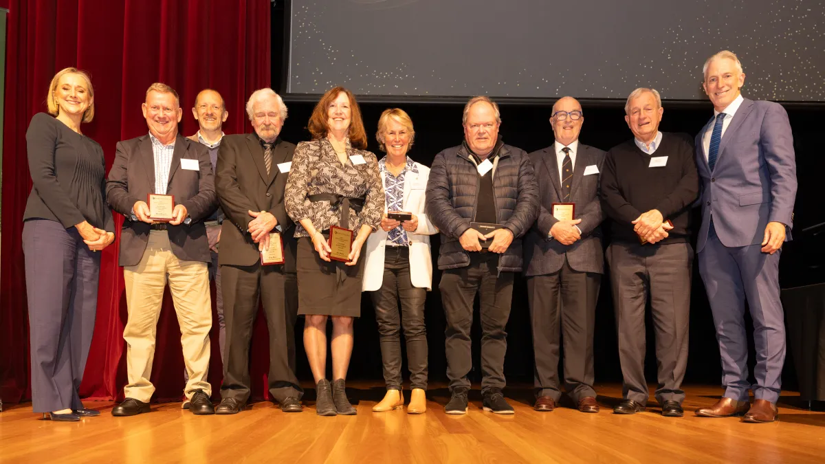 Group photo of the winners of the Boroondara Sports Awards Lifetime Achievement Award, with Lord Mayor Sophie Torney and Australian cricketer Damien Fleming