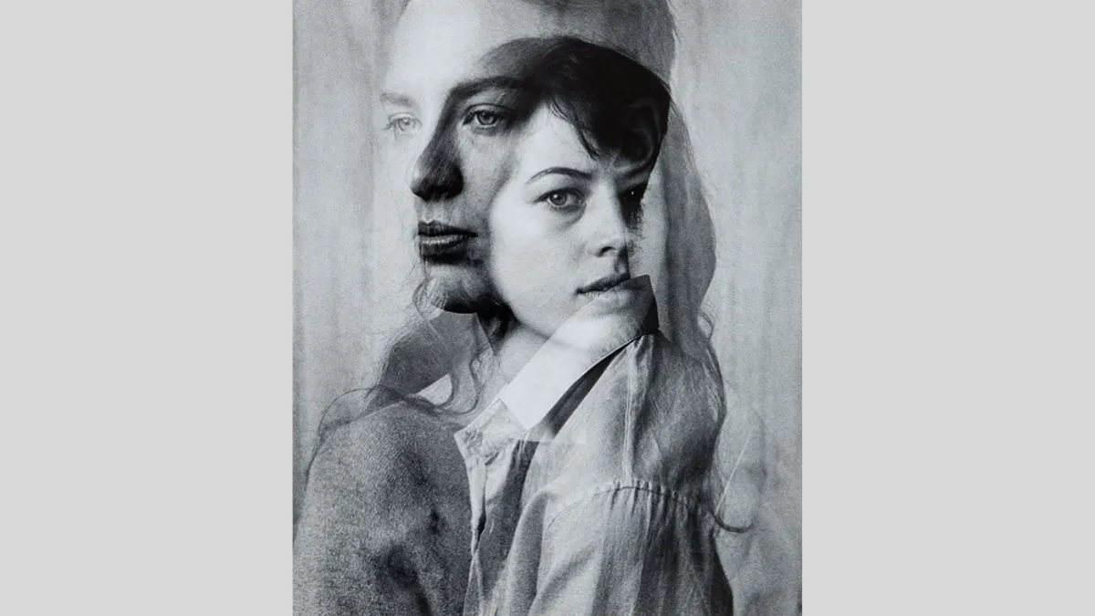 Black and white portrait with two people overlapping