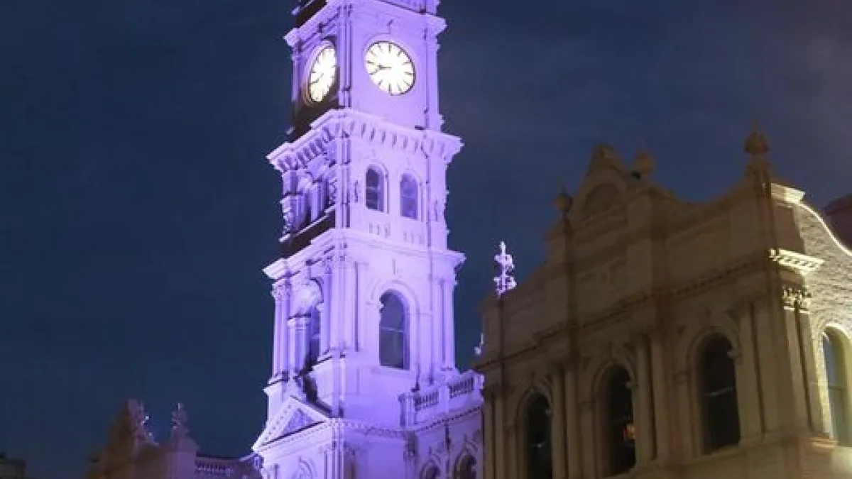 Hawthorn Arts Centre building lit up purple