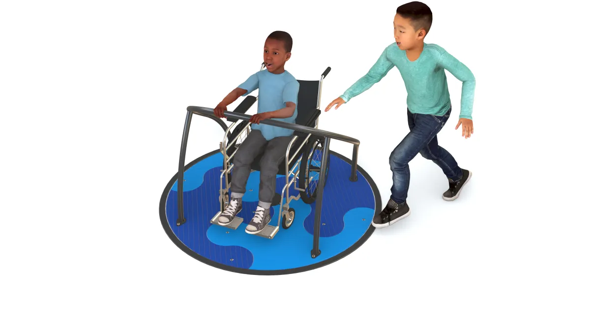 A illustration of 2 kids playing on an inclusive playground spinner. One child is in a wheelchair. 