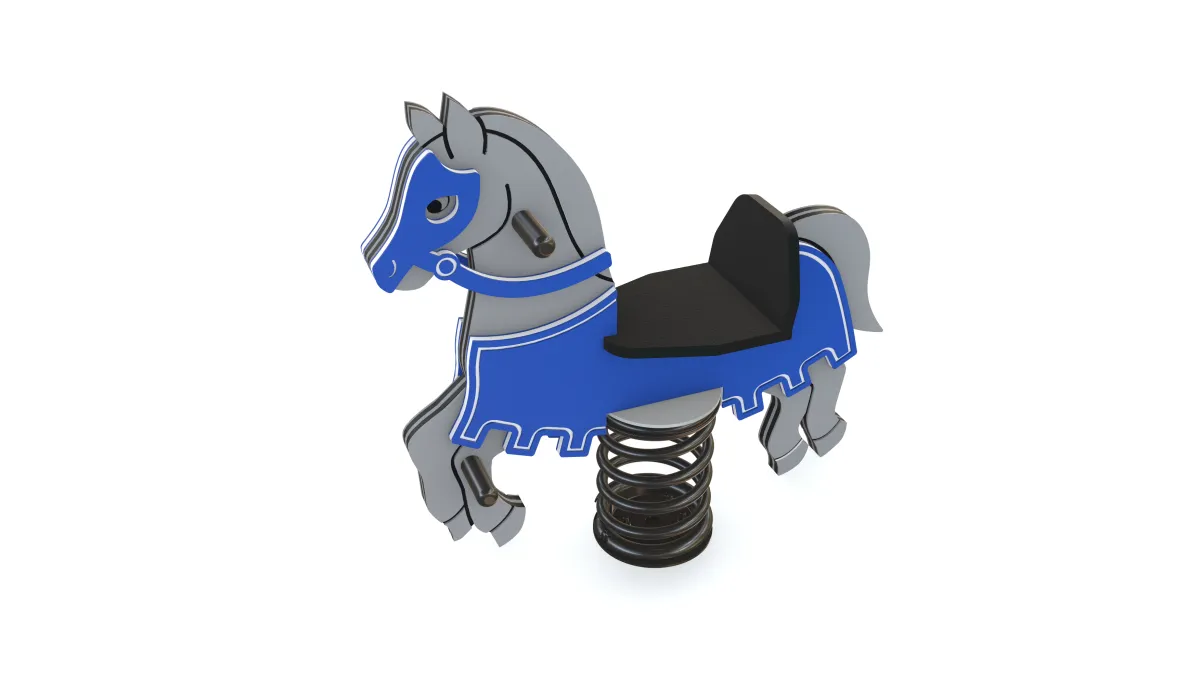 A playground horse rocker on a white background. The horse is white with blue clothing. 